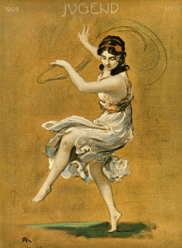 Isadora Duncan dancing in a postcard titled ‘Youth’. 1912.